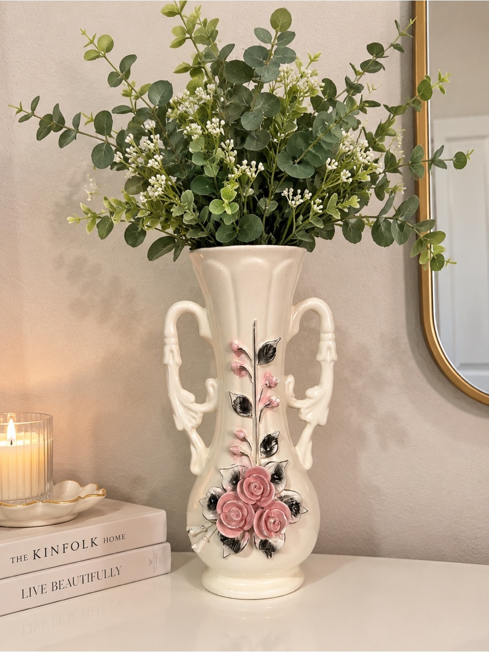 Source Unknown Cream Ceramic Vase with Pink Rose Accents